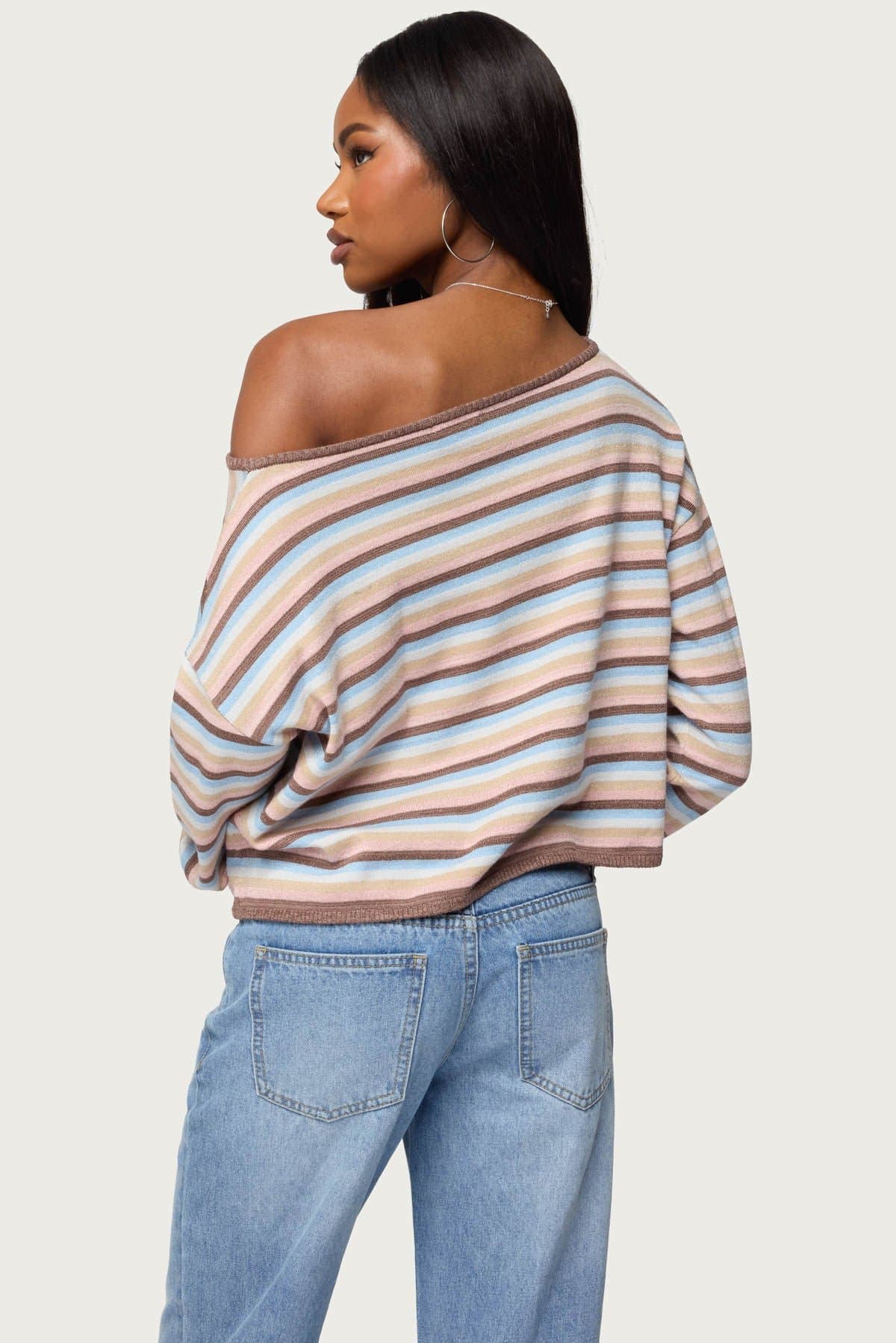 Alexis Off Shoulder Striped Knit Top - Long Sleeve Oversized Polyester Metallic Fit