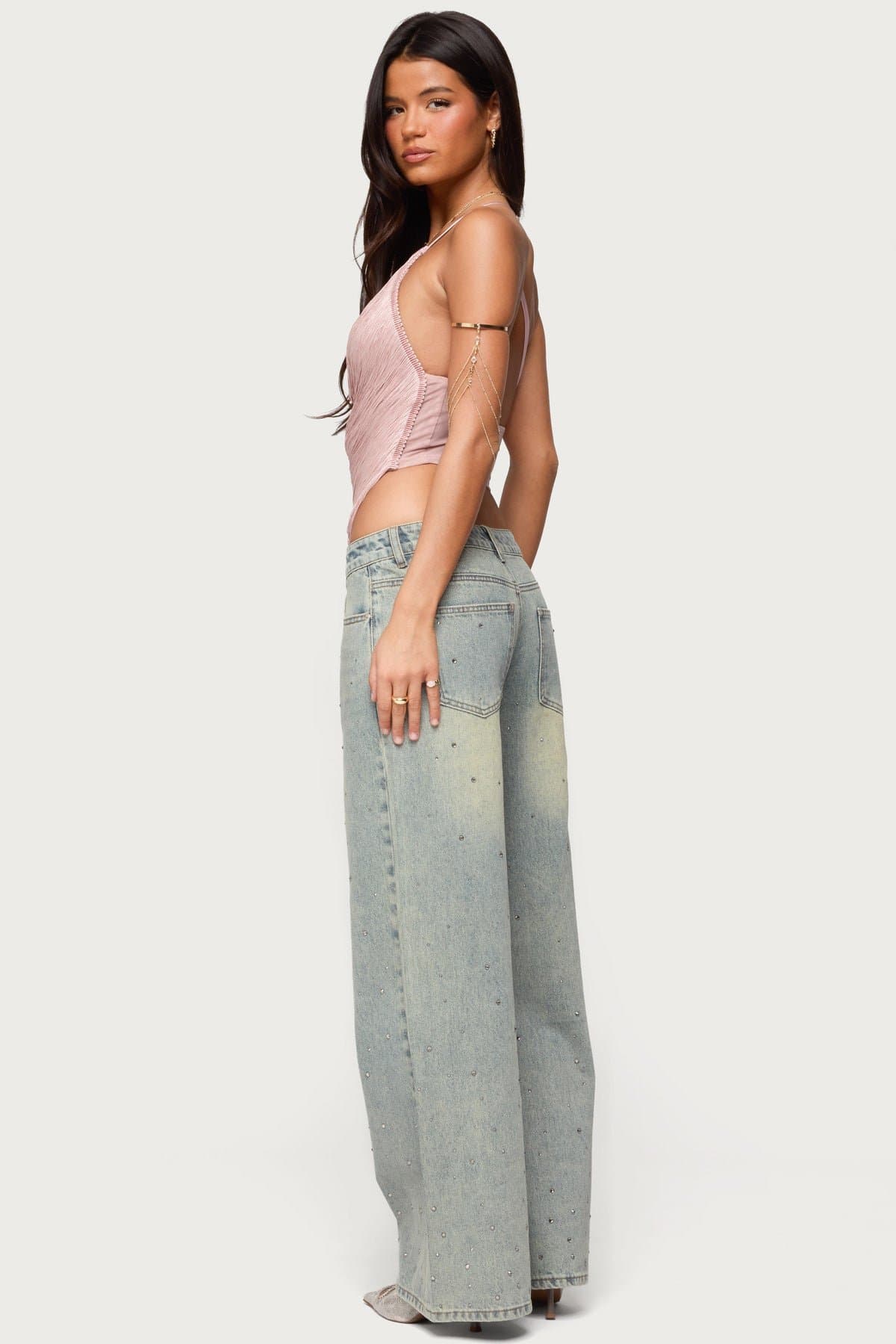 Elenie Fringed Cowl Neck Top with Adjustable Crisscross Straps and Side Mesh Panels