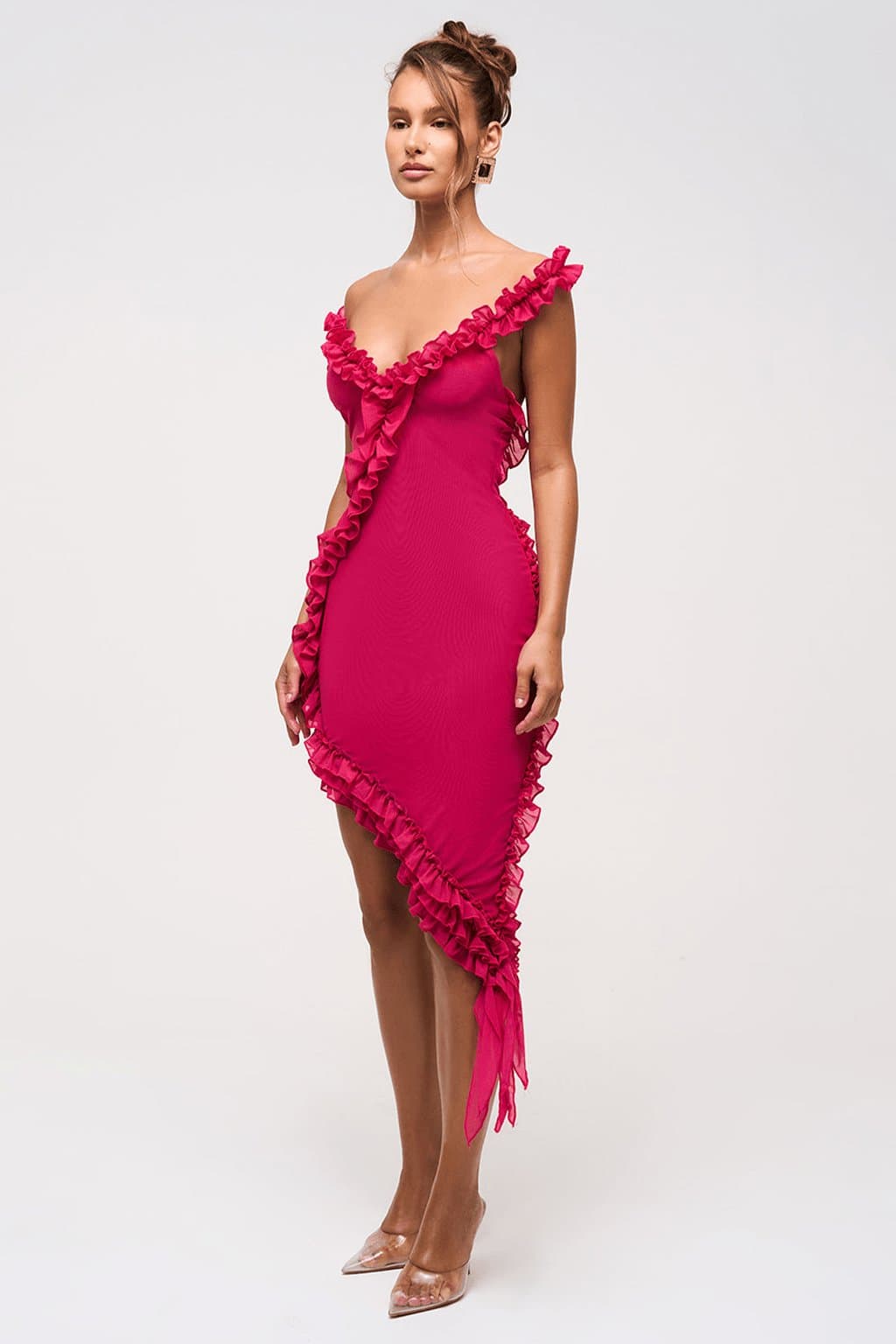 Dahlia Ruffle Detail Asymmetric Mesh Dress in Magenta - Double Layer Stretch