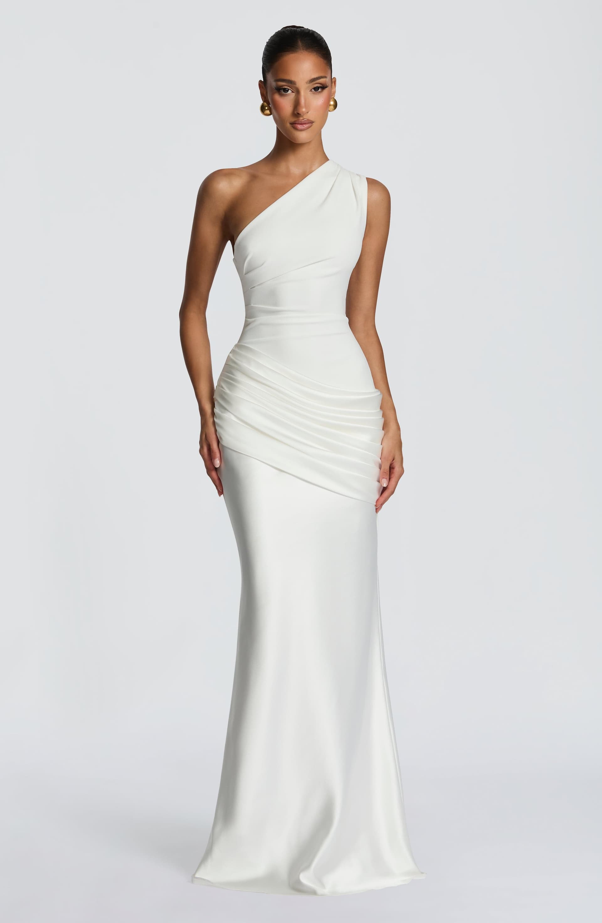 Sadona Maxi Dress in Ivory - One Shoulder Stretch Crepe Bodice Satin Skirt