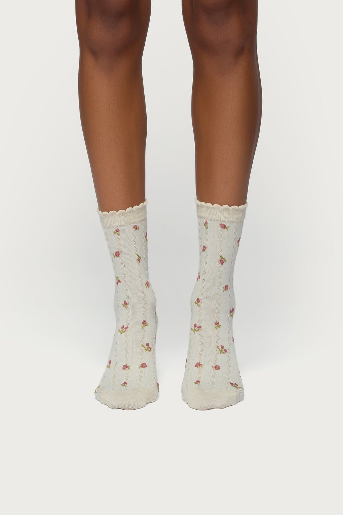 Embroidered Rose Socks with Frill Trim - Cotton Nylon Spandex Blend 11.4in Length