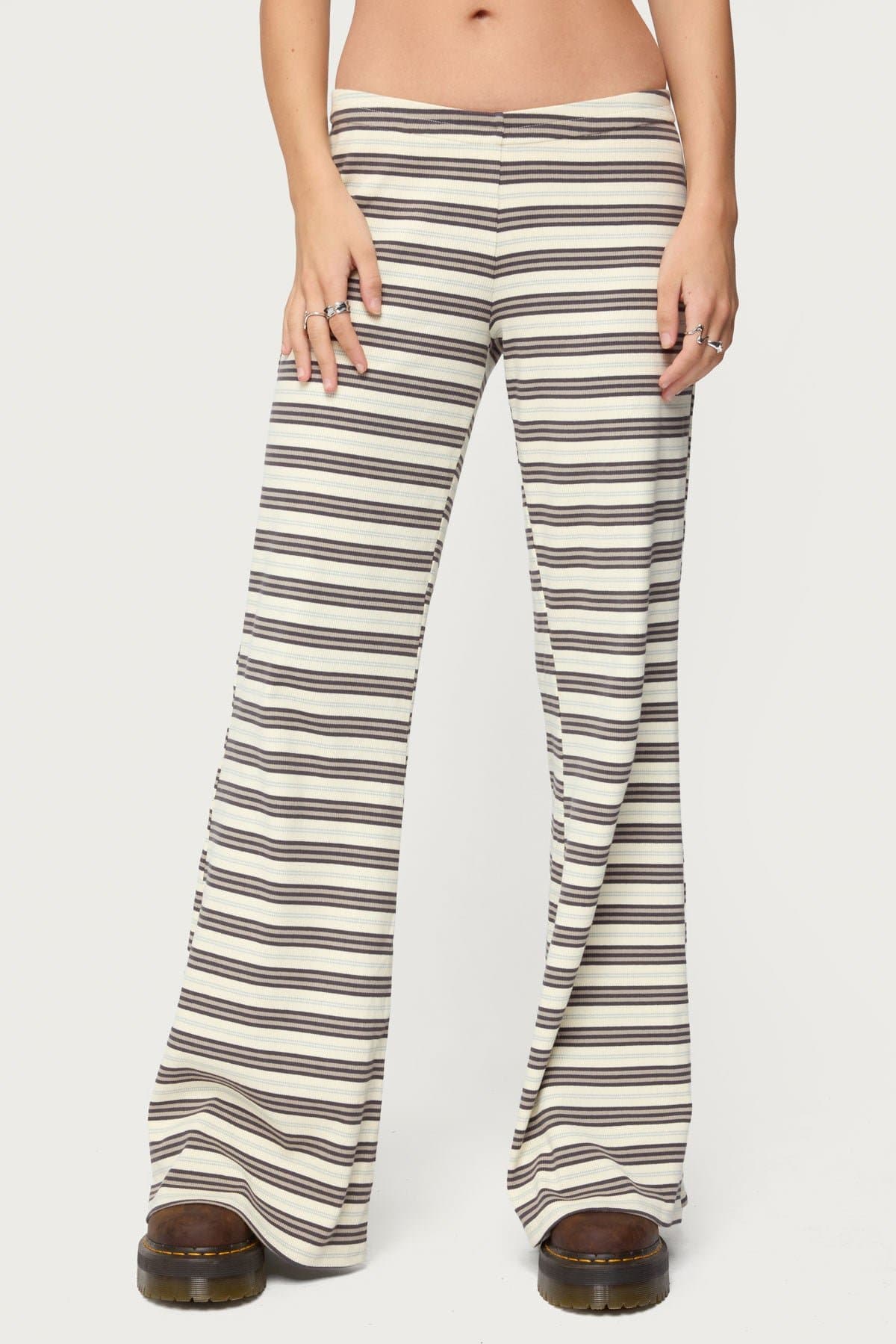 Avalie Striped Ribbed Loungewear Pants - Cotton Spandex, Size S Inseam 32.3in