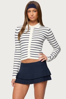 Loreen Striped Knit Cardigan - Acrylic Knit with Front Buttons, Classic Collar