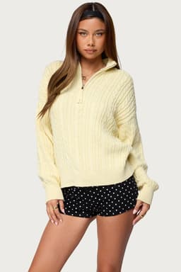 Sarie Cable Knit Quarter Zip Sweater - 100% Cotton High Neckline