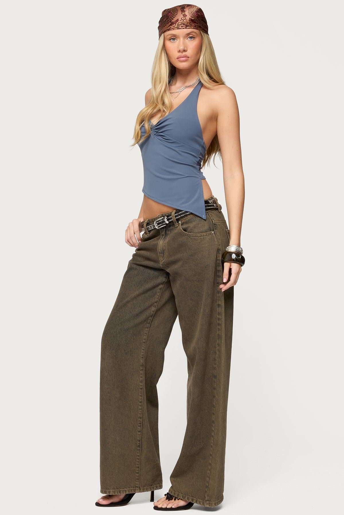 Susanna Asymmetric Twist Halter Top - Nylon Spandex V-Neck with Front Twist Detail