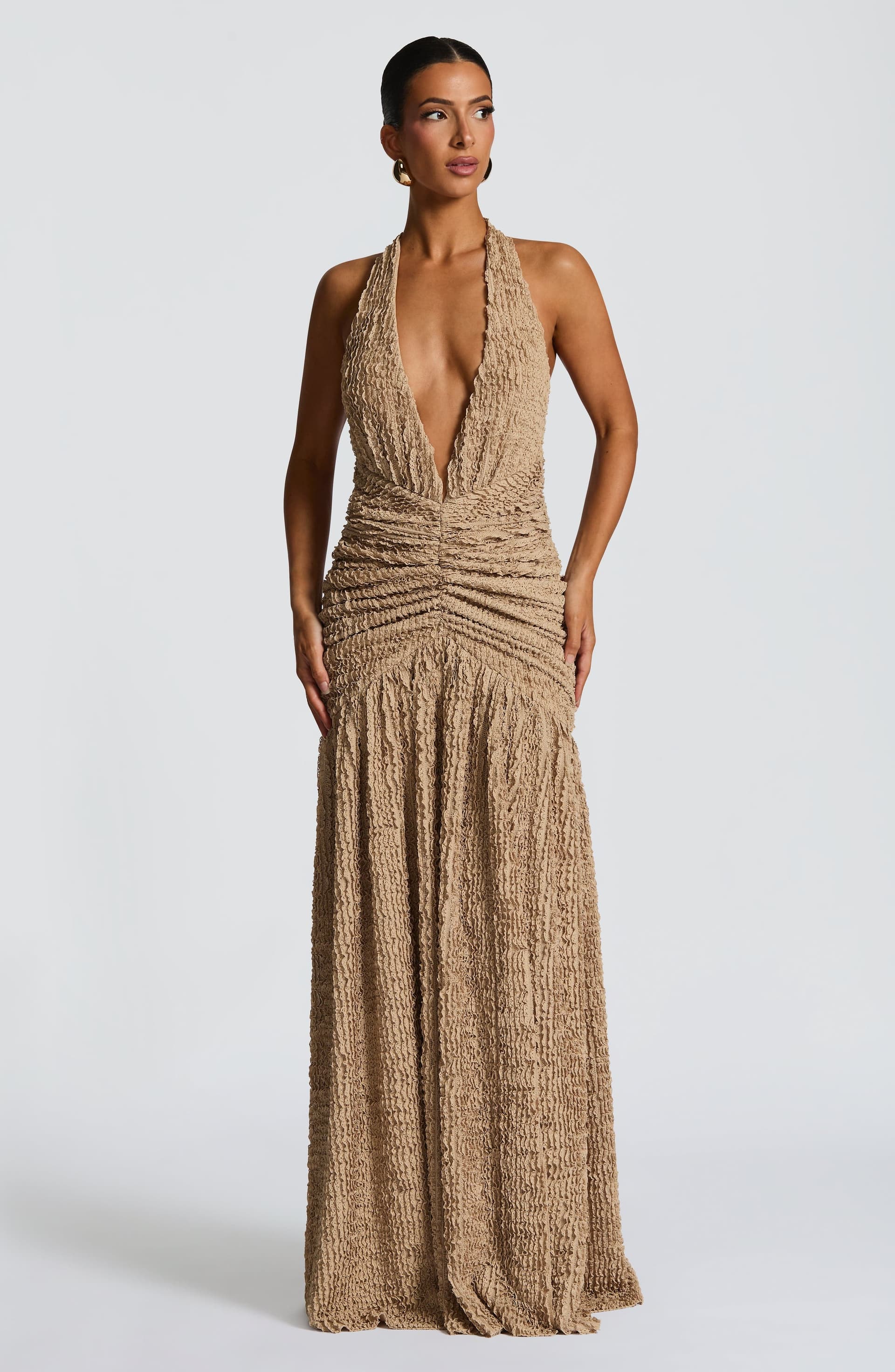 Minerva Maxi Dress Beige Textured Fabric Plunge Neckline Thigh Split Halterneck