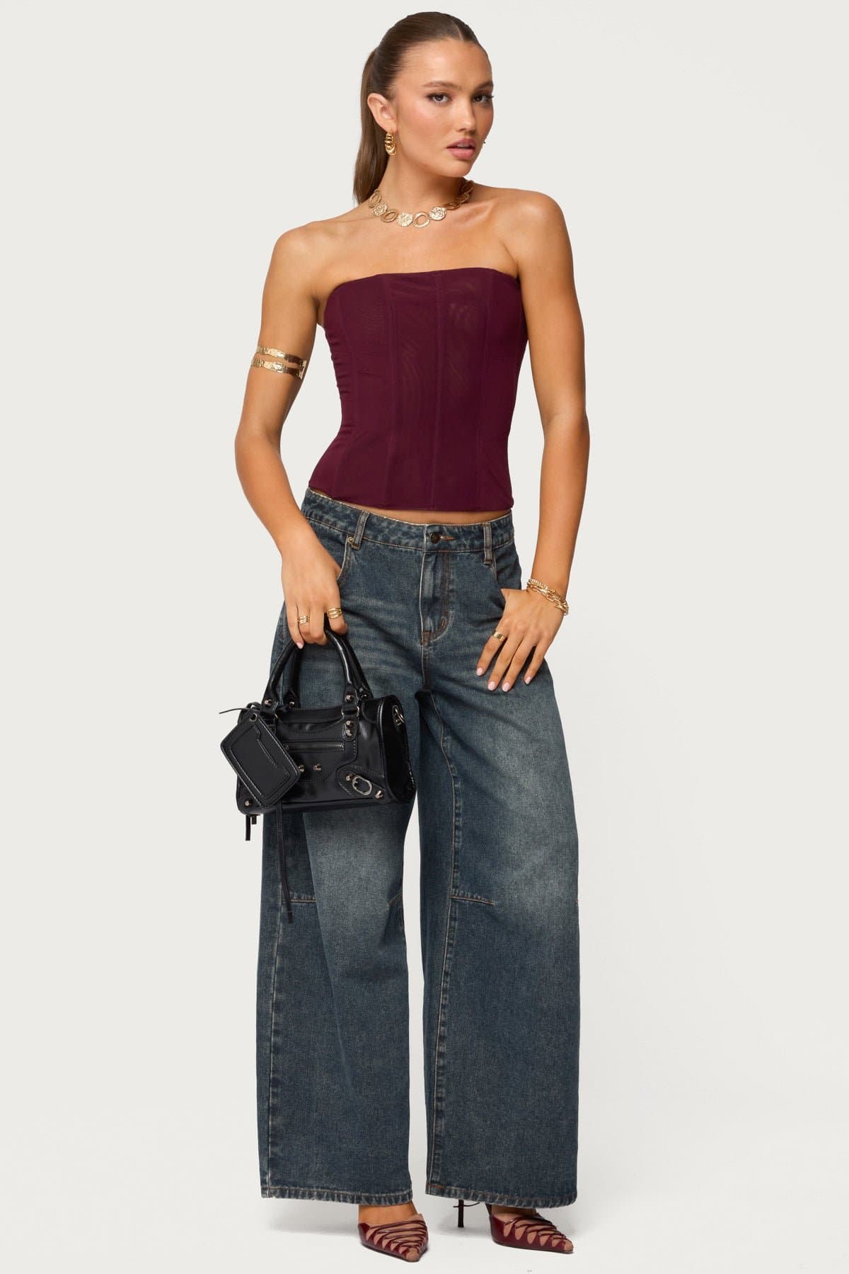 Reed Sheer Mesh Strapless Boned Corset Polyester Spandex Black