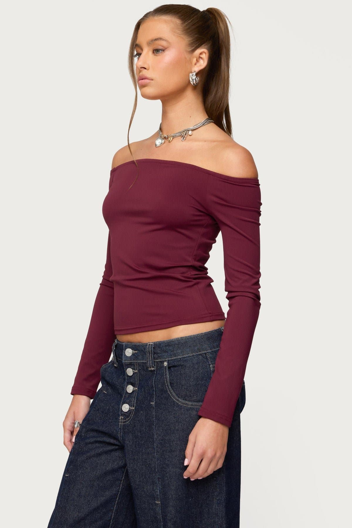 Katie Off Shoulder Long Sleeve Top - Polyester Spandex