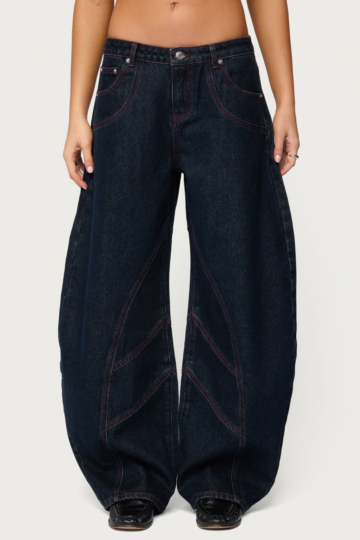 Double Pocket Low Rise Barrel Leg Jeans in Rigid 100% Cotton Denim