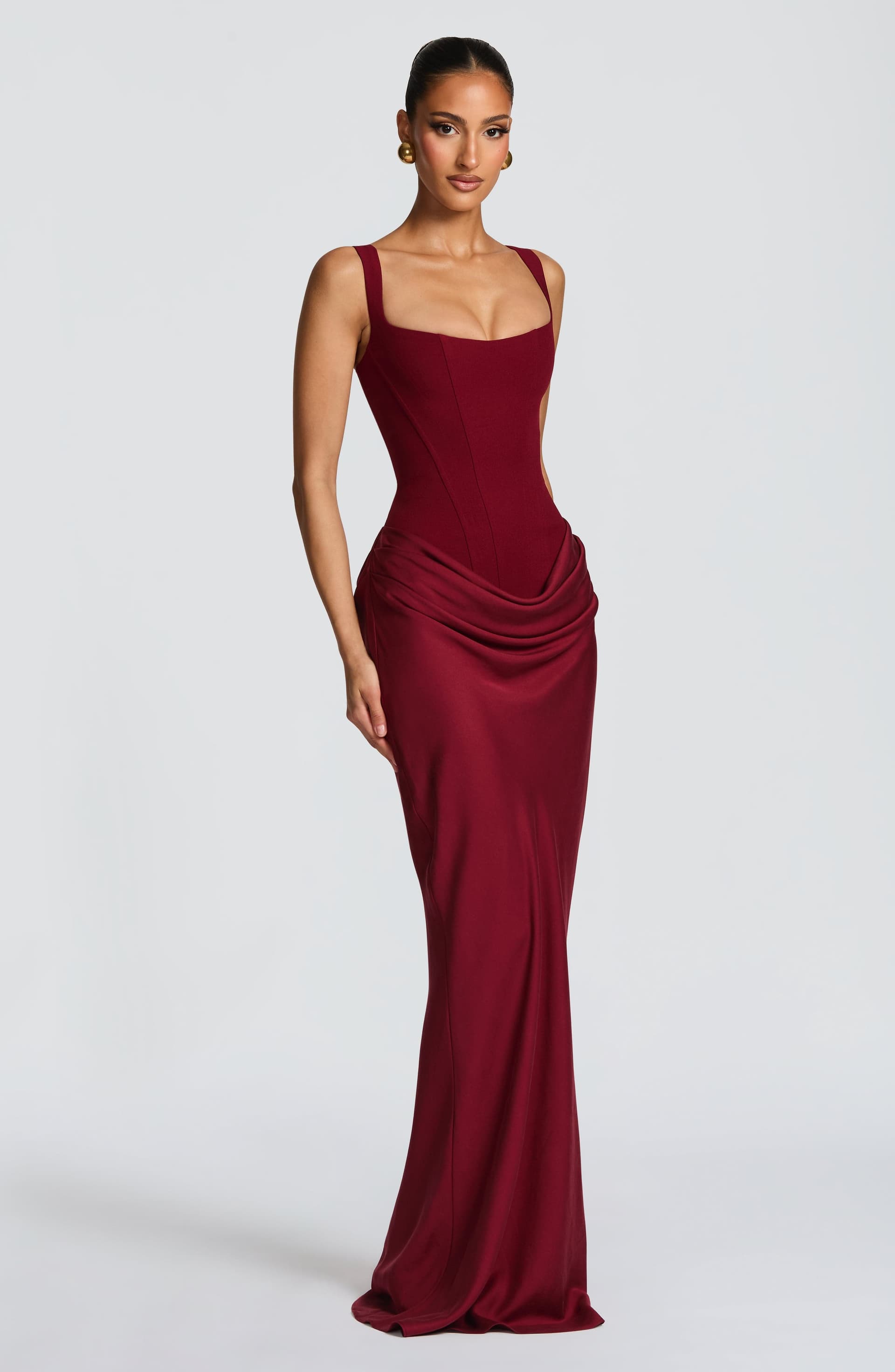 Cornelia Maxi Dress in Burgundy - Crepe Bodice Lyocell Skirt Square Neck Boned