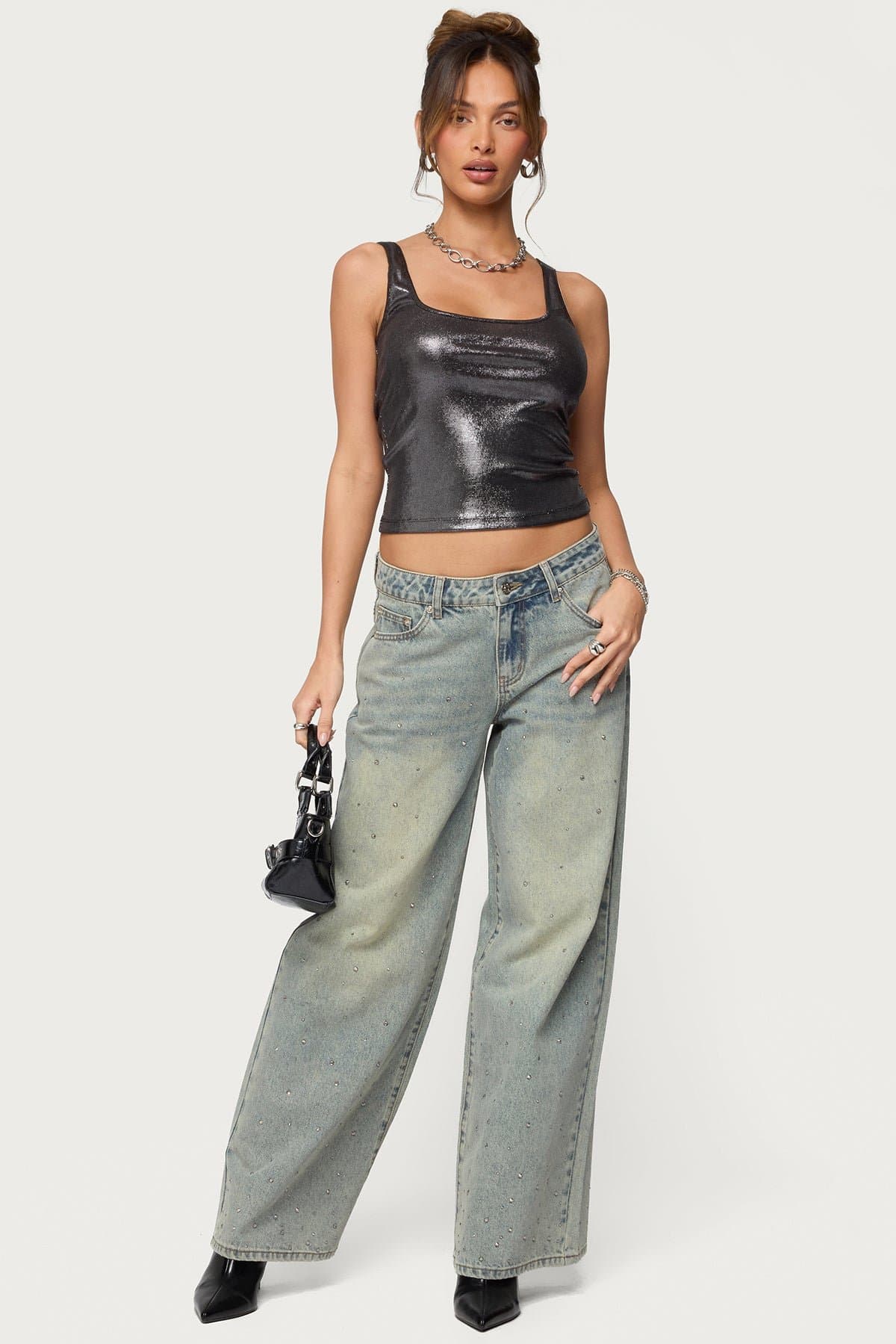 Laidie Metallic Tank Top - Square Neckline Polyester Spandex