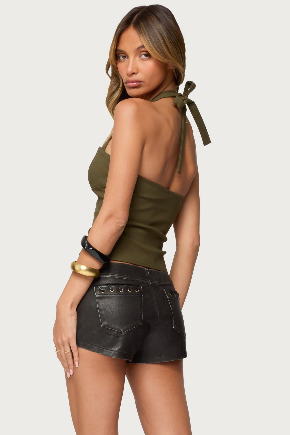 Dara Halter Top with Tie Closure, Underbust Stitching, Side Slit - Cotton Polyester Spandex