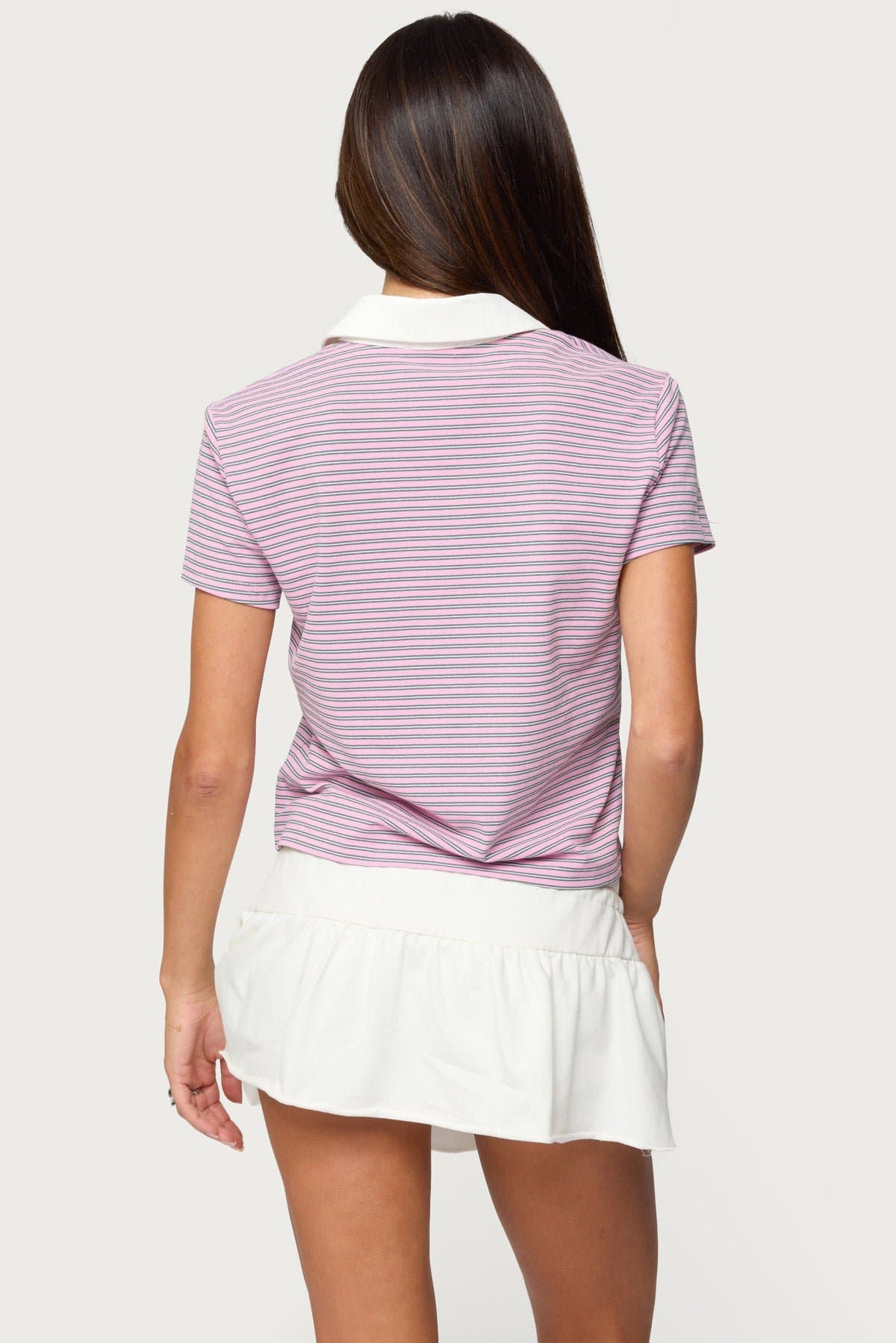 Lennie Striped Polo Top - Short Sleeve Cotton Polyester Spandex Shirt with Contrast Collar