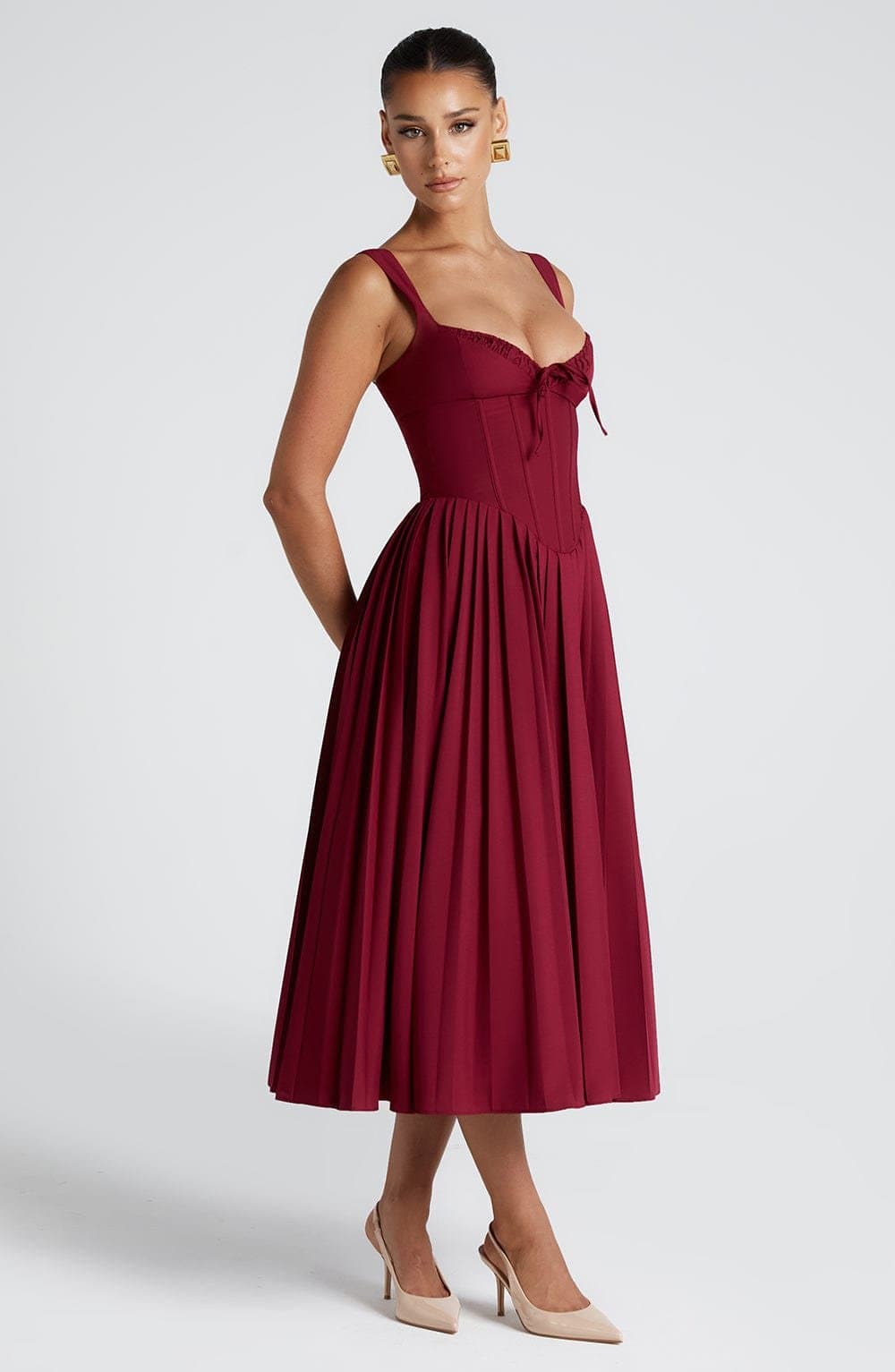 Natassia Midi Dress - Berry - Polyester Viscose Poplin, Boned Bodice, Lace-Up Back