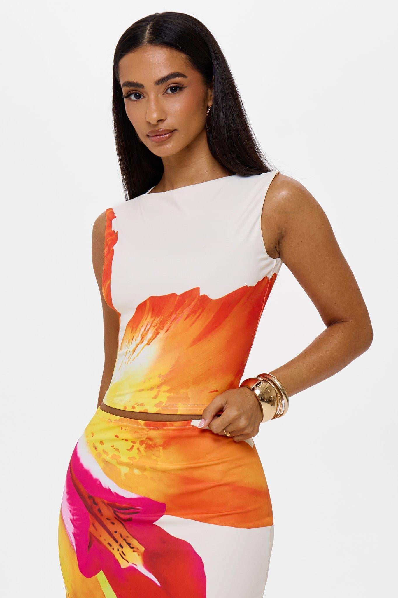 Santana Print Slash Neck Top - Premium Stretch Fabric Fully Lined