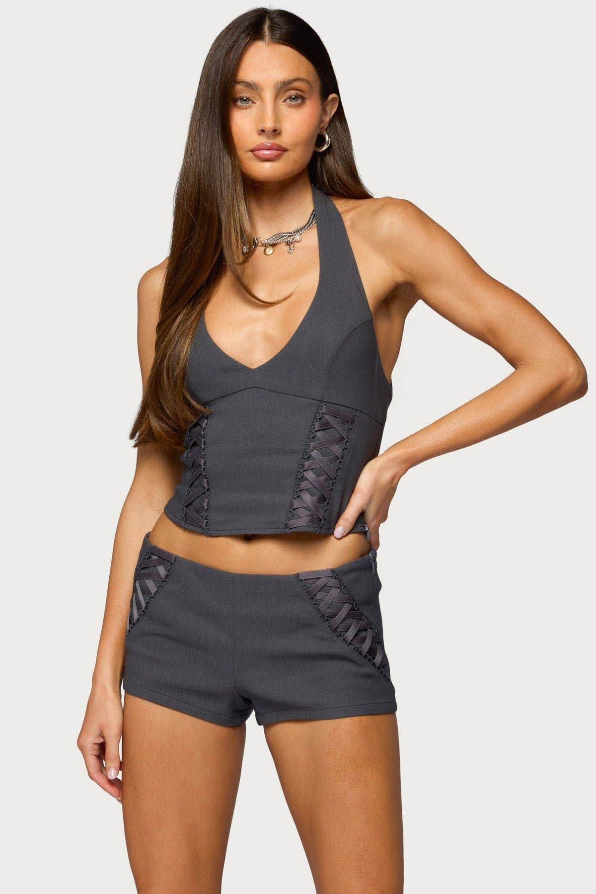 Lirah Laced Up Halter Top V-Neck Polyester Spandex Matching Set
