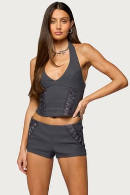 Lirah Laced Up Halter Top V-Neck Polyester Spandex Matching Set