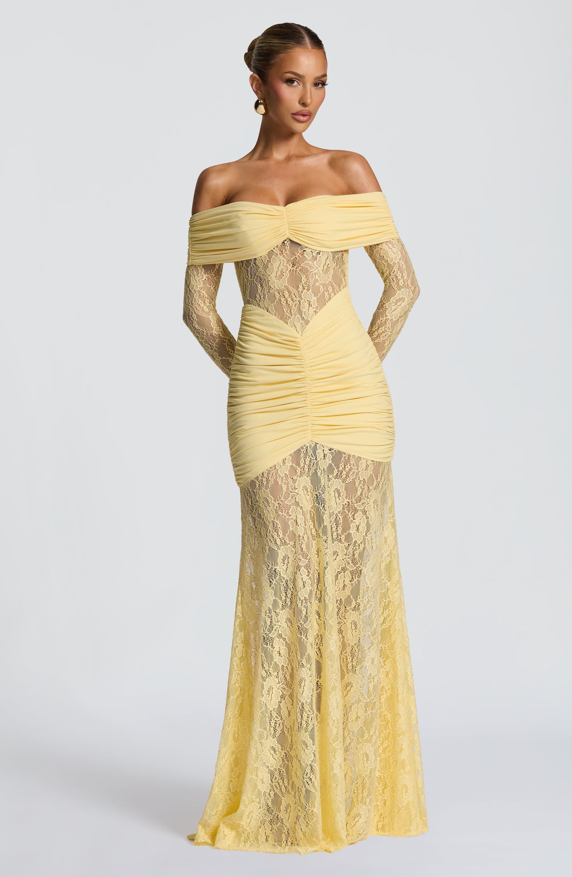 Sauline Maxi Dress in Lemon - Stretch Jersey Floral Lace Long Sleeve