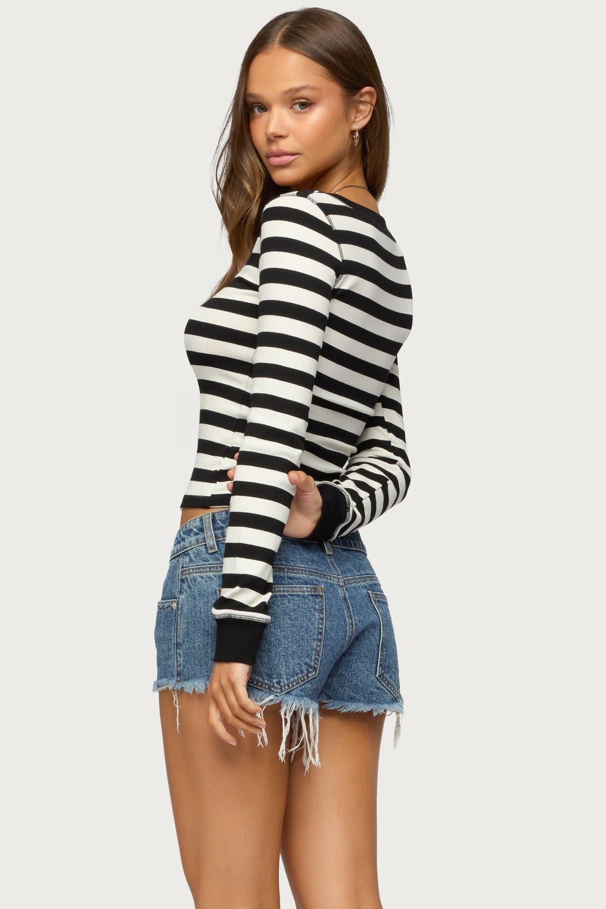 Rainey Striped Long Sleeve Top - Cotton Spandex Scoop Neck