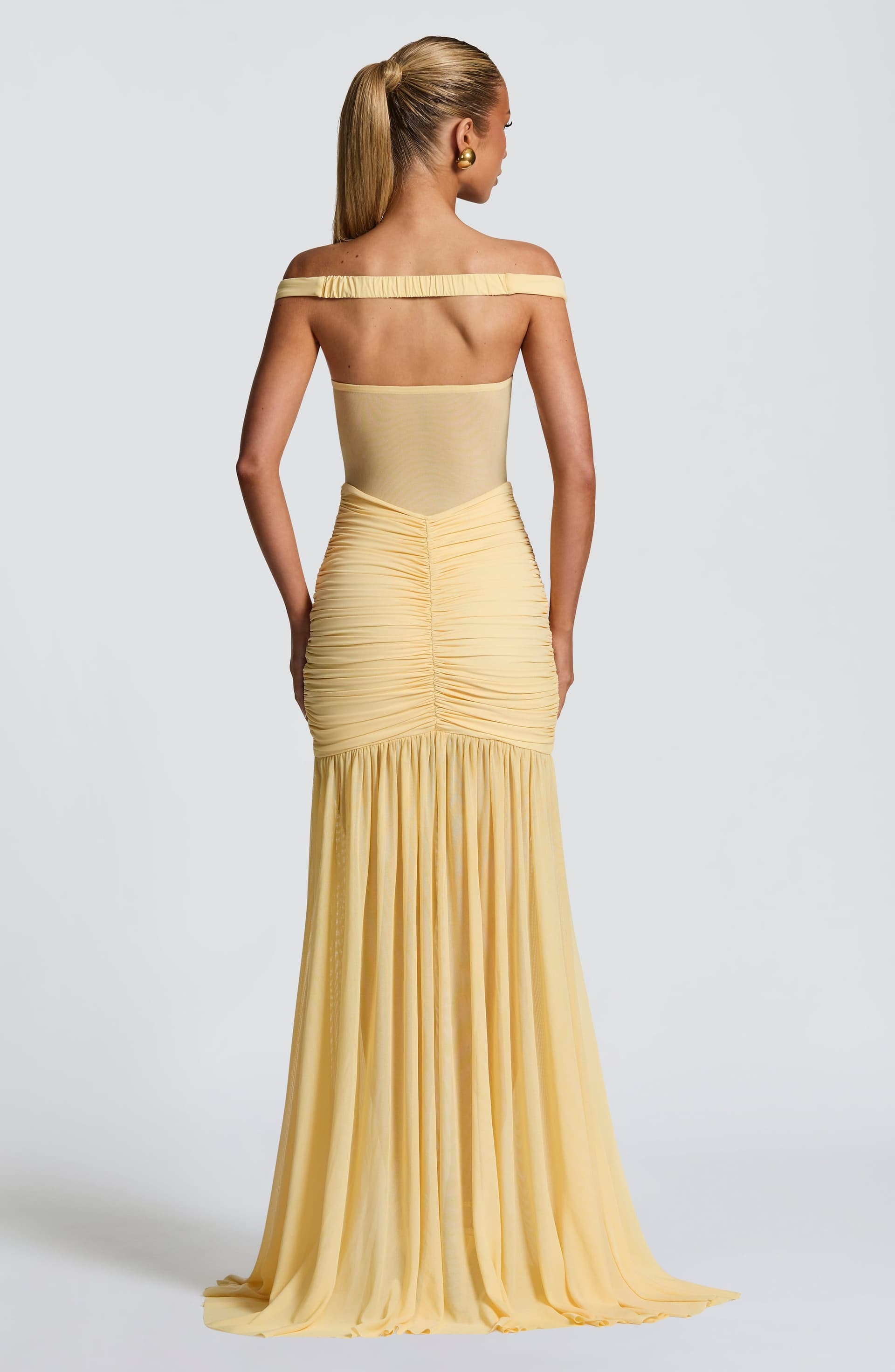 Alaia Maxi Dress in Lemon - Sheer Mesh Bodice, Bardot Neckline, Thigh-High Split