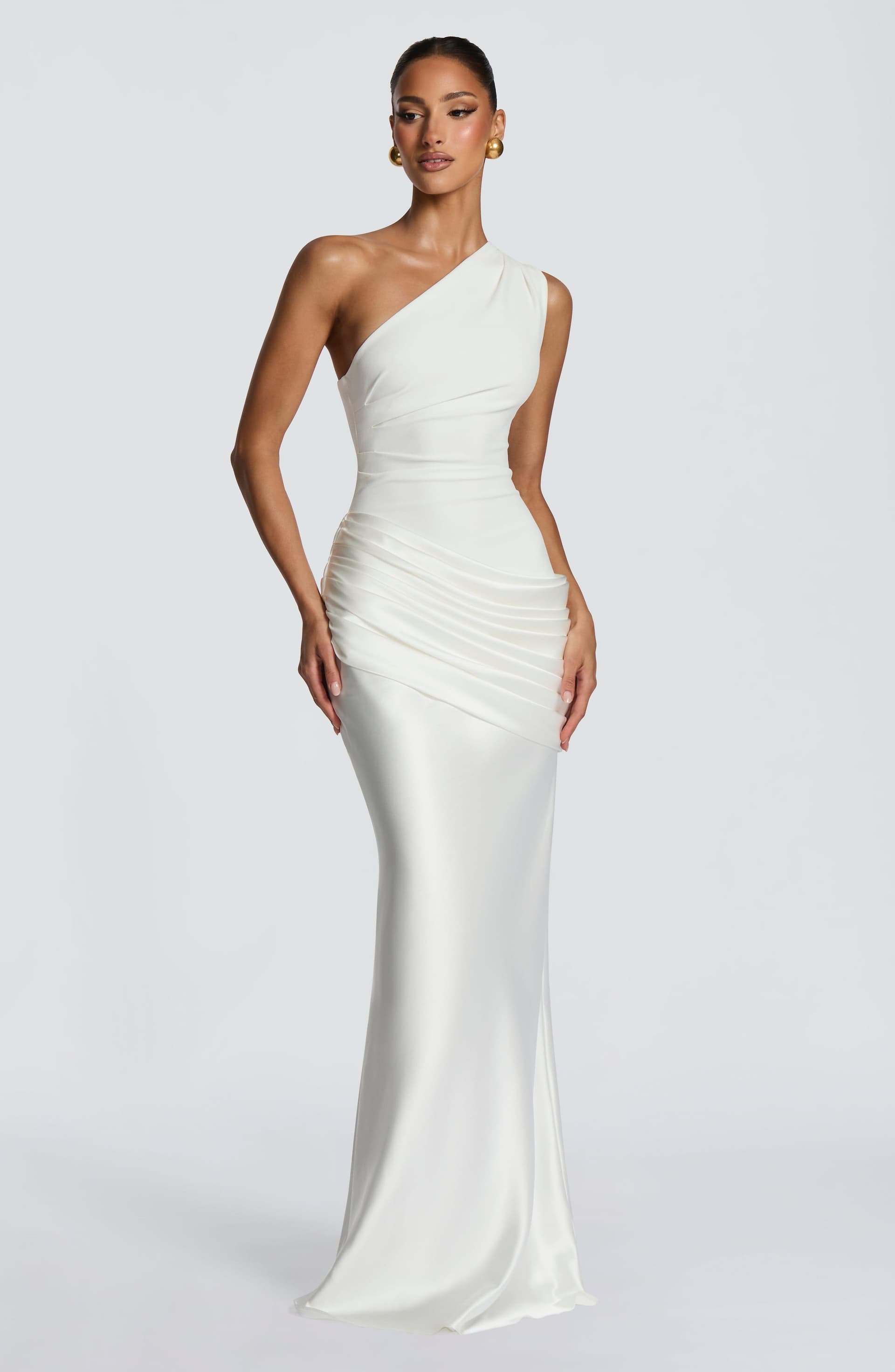 Sadona Maxi Dress in Ivory - One Shoulder Stretch Crepe Bodice Satin Skirt