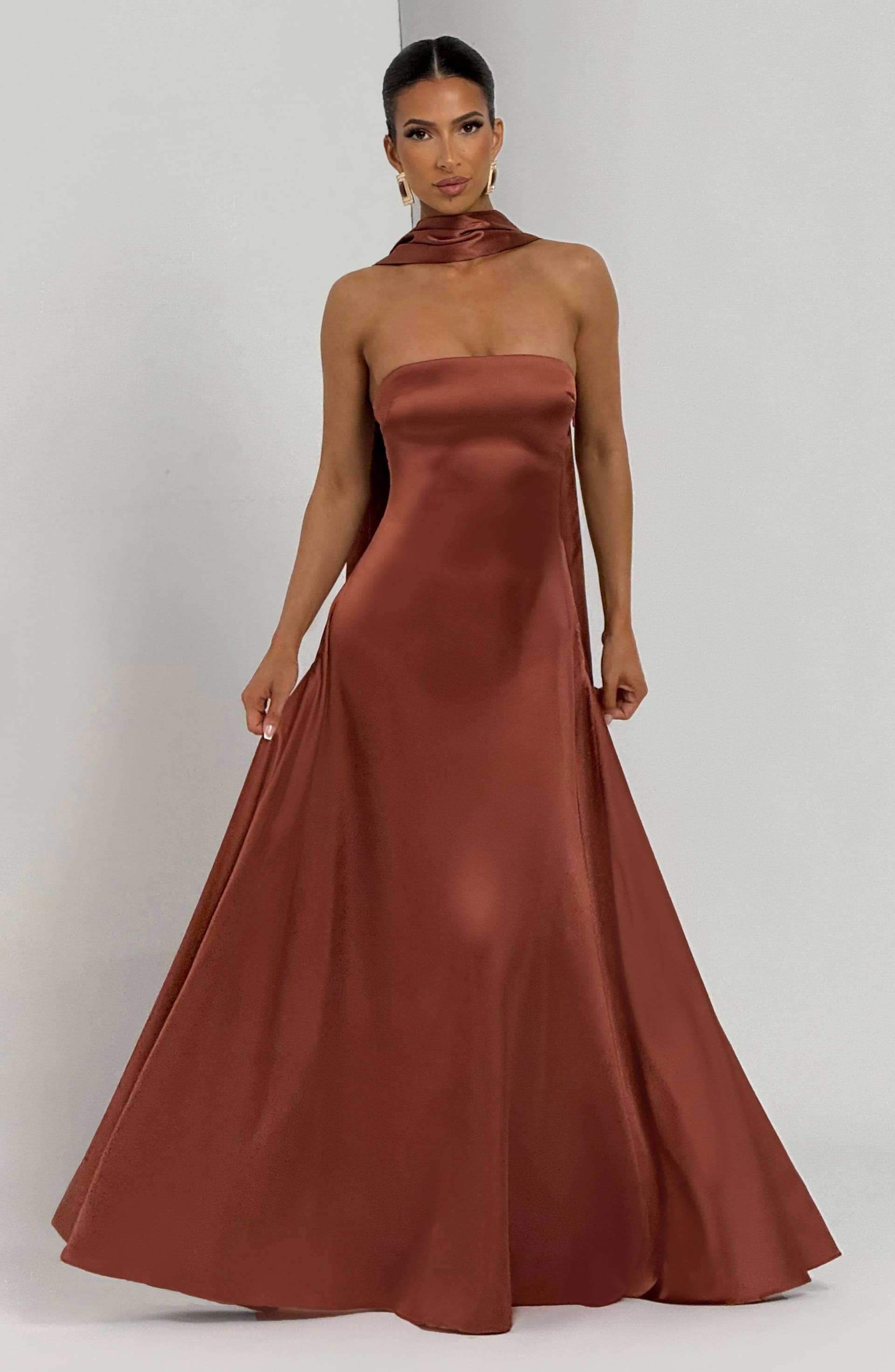 Morven Maxi Dress - Rust Satin Strapless A-Line Lace-Up Back