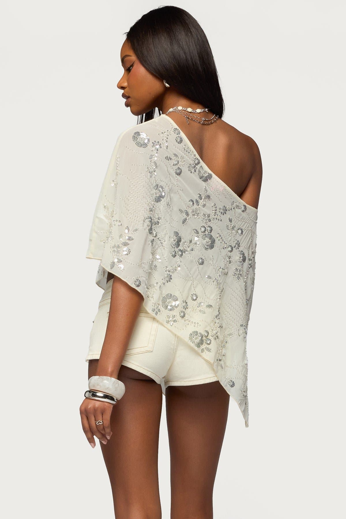 Triana Bead & Sequin Chiffon Poncho - Off Shoulder Asymmetric Hem Sheer Polyester