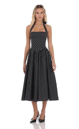 Polka Dot Halter Midi Dress in Black