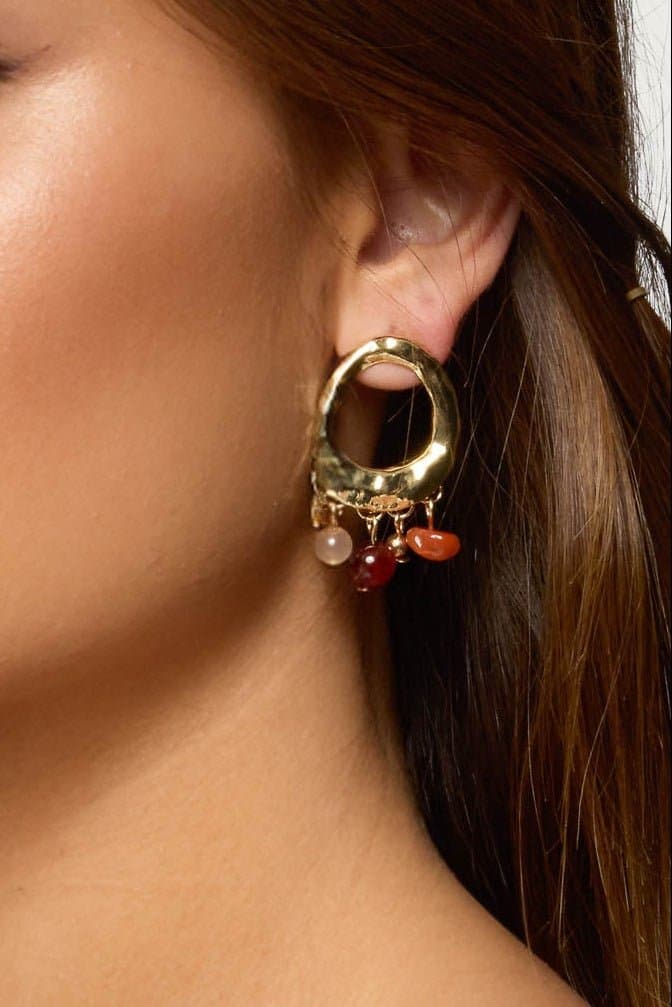 Mixed Gemstone Abstract Stud Earrings Gold Tone Dangle 1.8 Inch Length