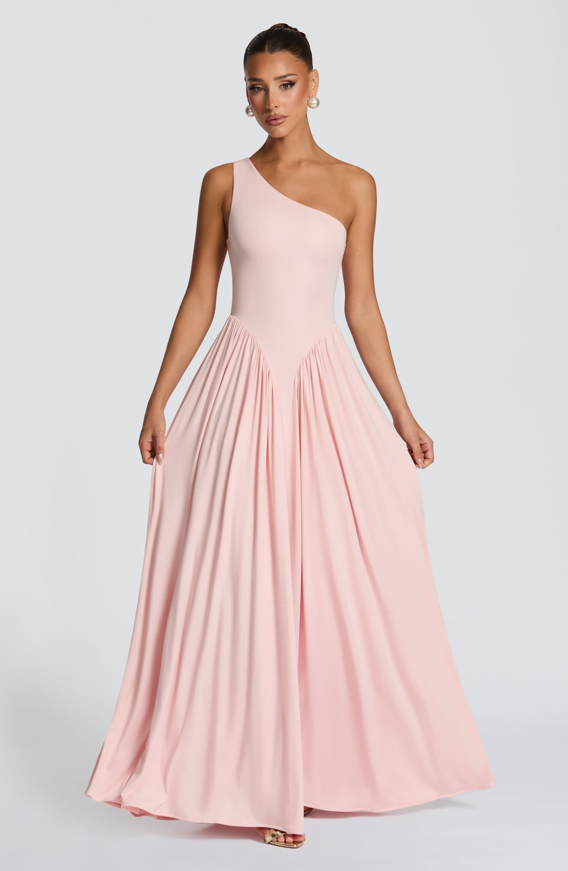 Vespera Maxi Dress in Soft Blush - One Shoulder Modal Jersey Gown