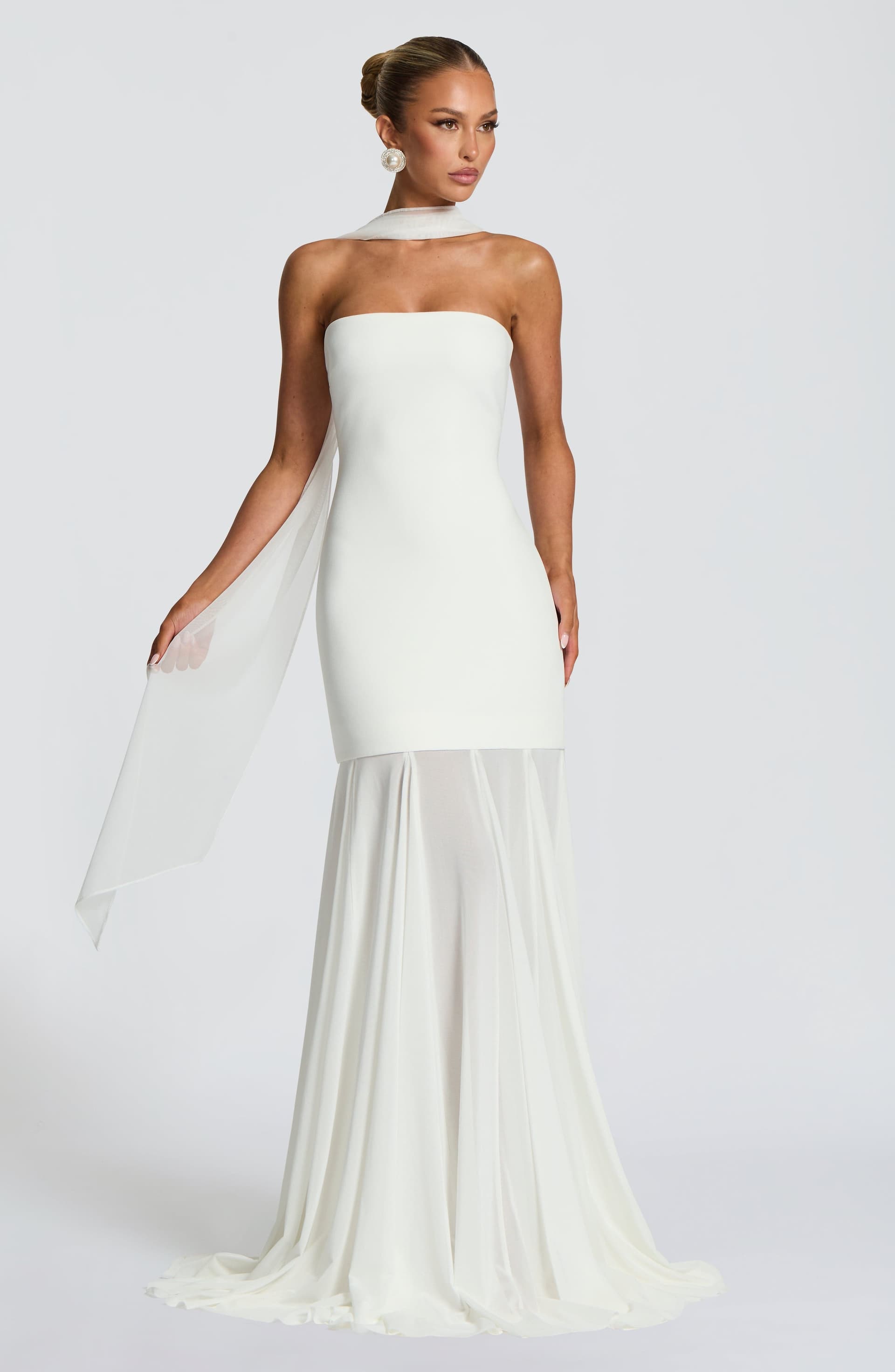 Merritt Strapless Ivory Stretch Crepe Maxi Gown with Mesh Skirt