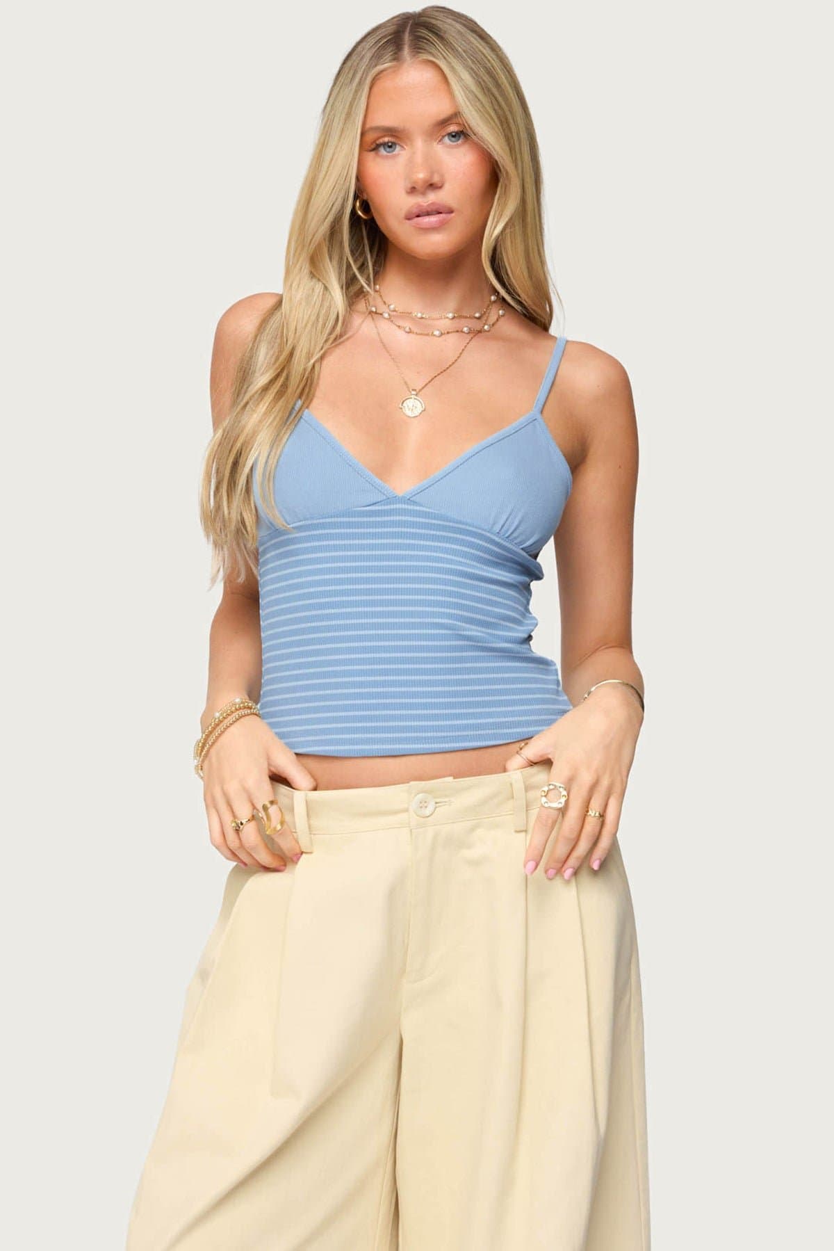 Hemsley Striped Ribbed Tank Top with Adjustable Straps V Neck Polyester Spandex