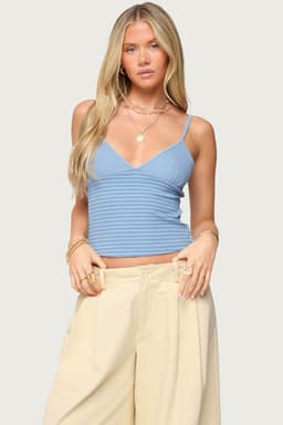 Hemsley Striped Ribbed Tank Top with Adjustable Straps V Neck Polyester Spandex