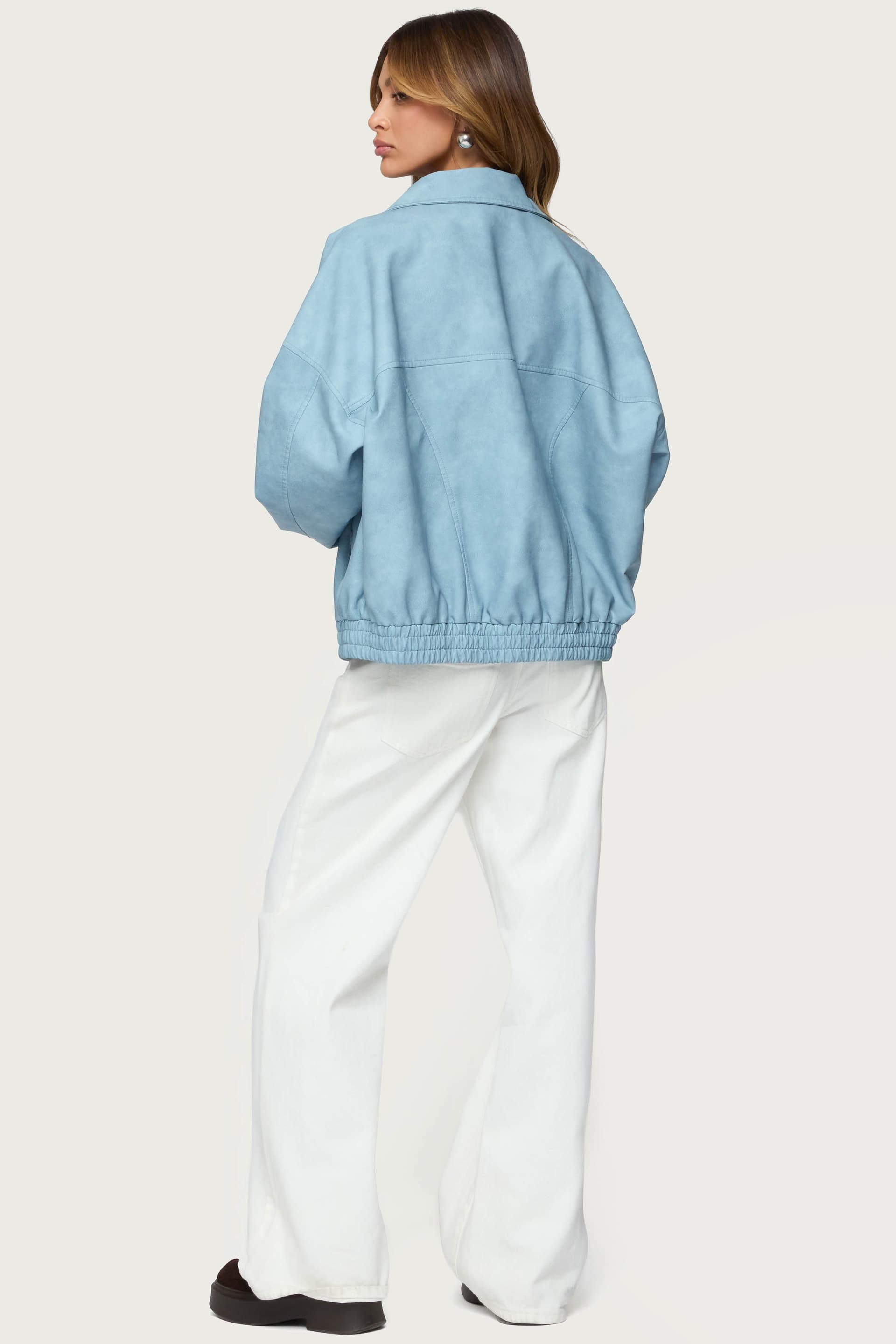 Oversized Washed Faux Leather Jacket - Polyurethane Polyester Classic Collar Flap Pockets