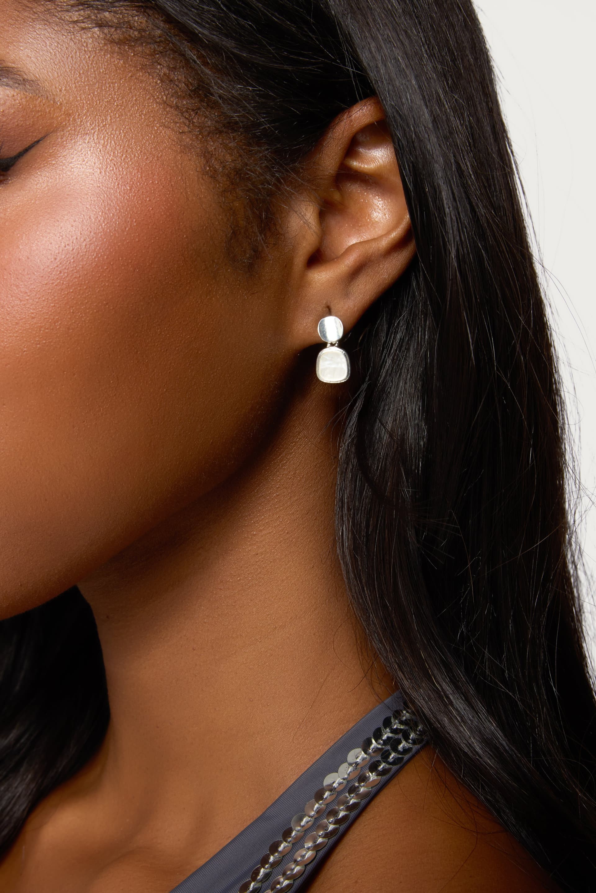 Iridescent Stone Dangle Earrings Silver Tone Metal 0.6 Inch Length