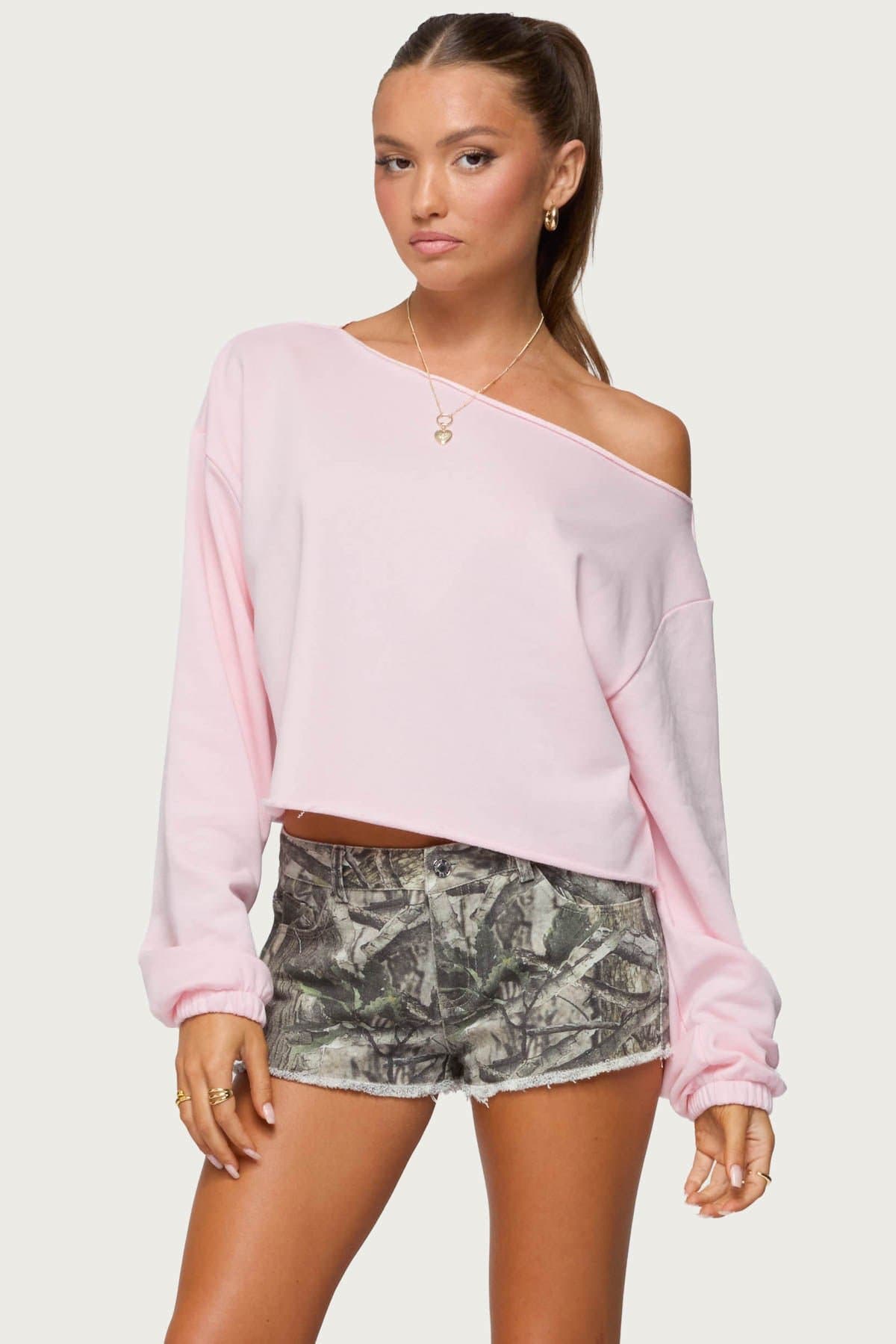 Aveline Off Shoulder Light Sweatshirt - Cotton Polyester Rolled Edges