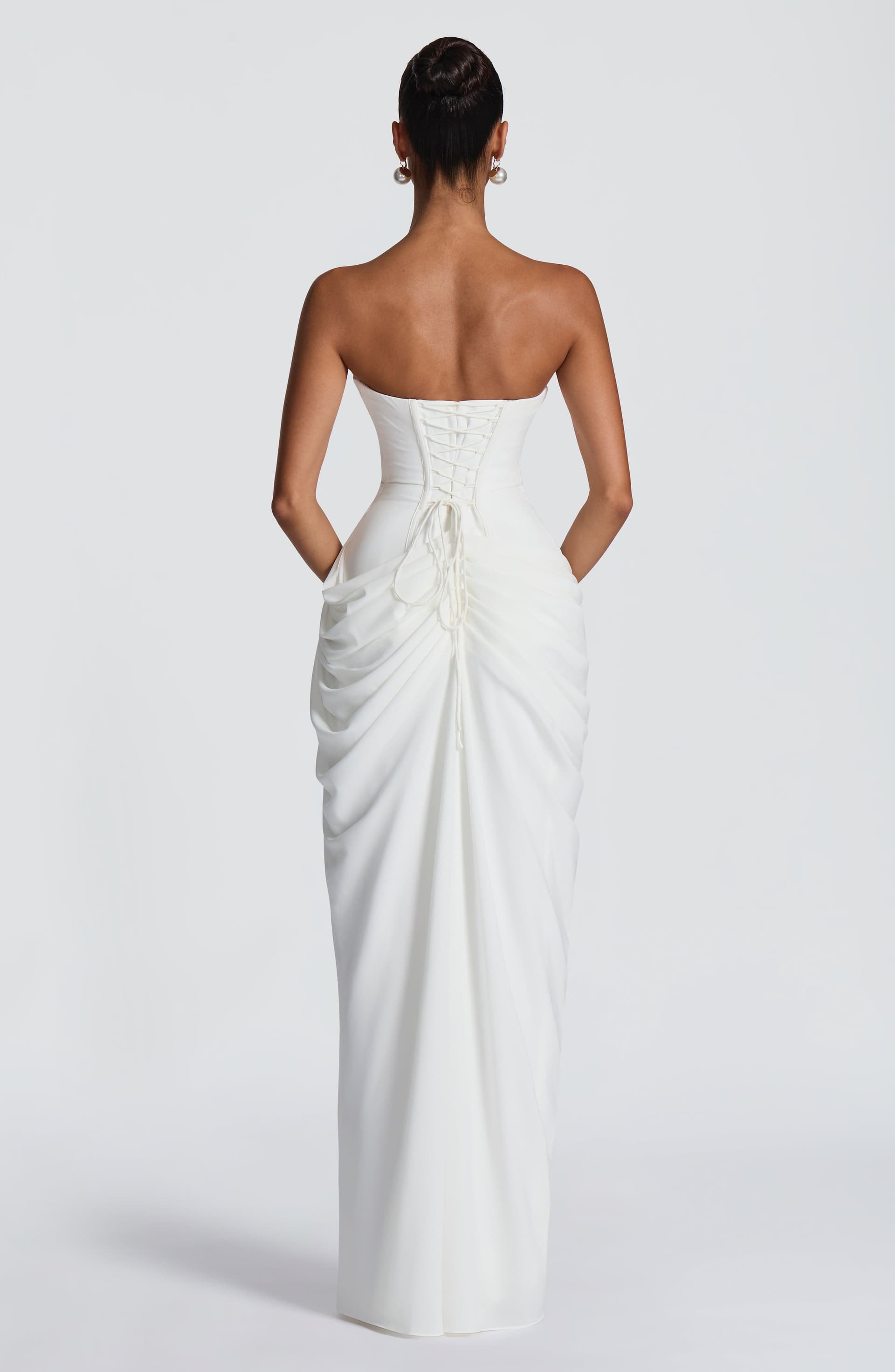 Cyra Maxi Dress in Ivory Chiffon with Strapless Neckline and Thigh-High Split