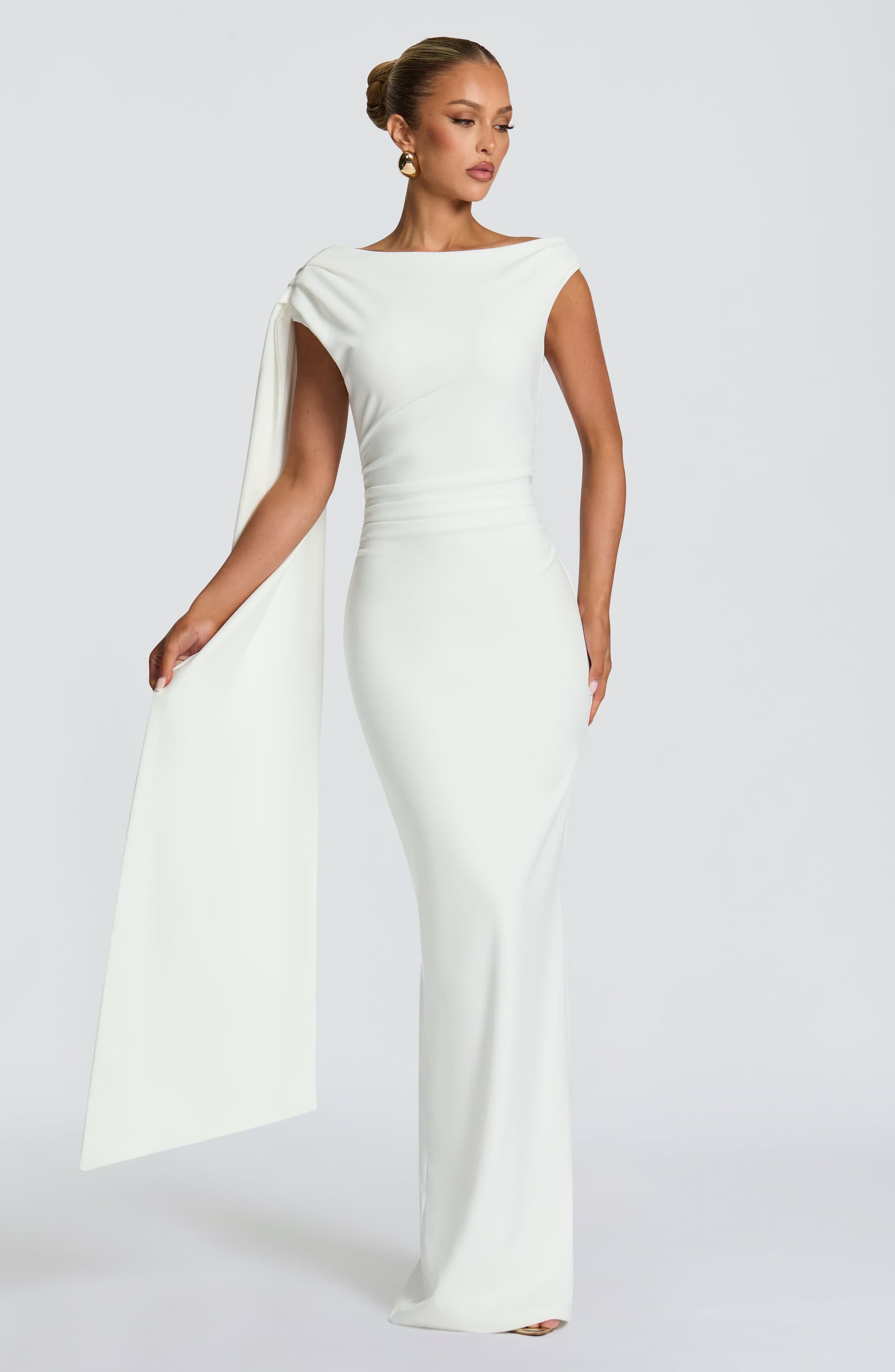 Kylie Maxi Dress in Ivory - Stretch Crepe Column Silhouette with Back Split