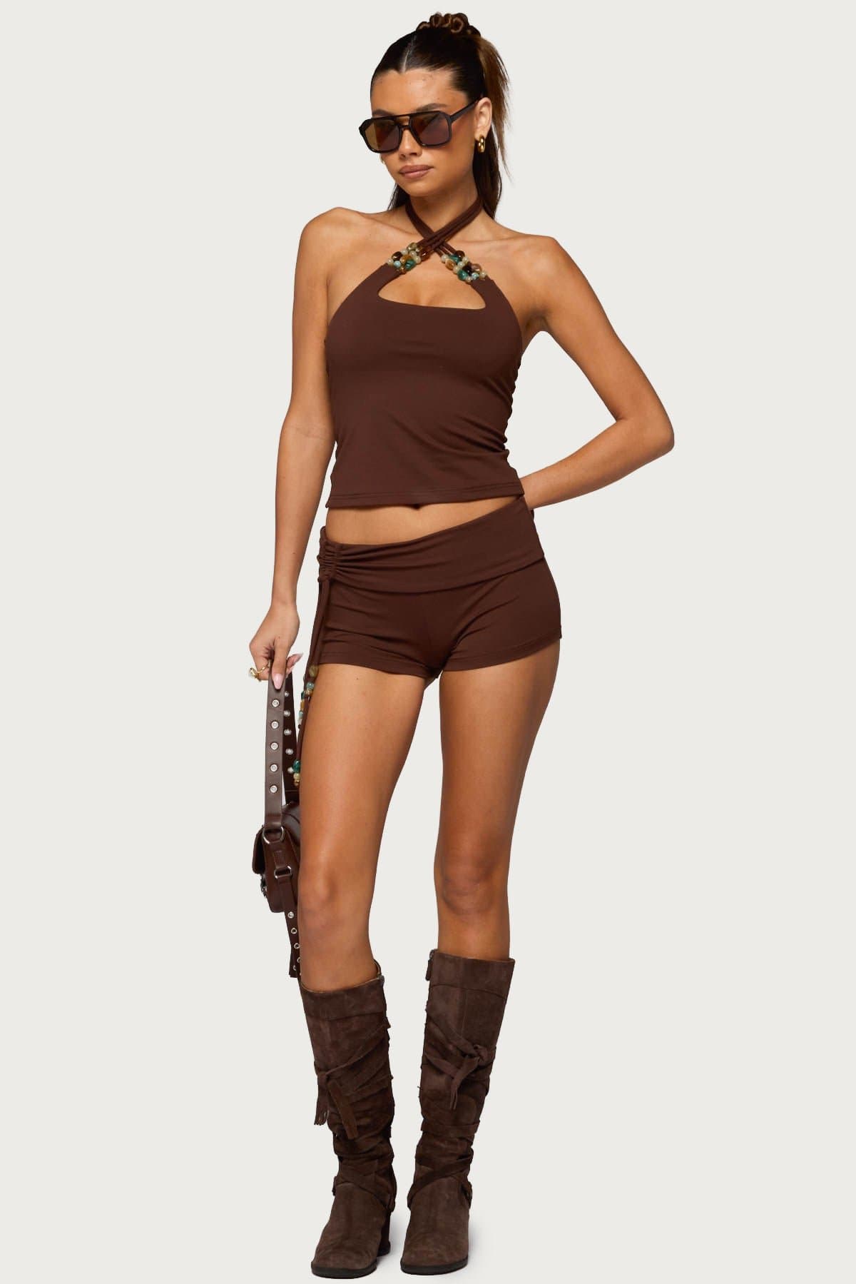 Thia Ruched Bead Foldover Shorts Polyester Spandex Matching Set