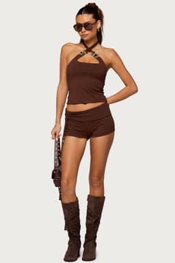 Thia Ruched Bead Foldover Shorts Polyester Spandex Matching Set