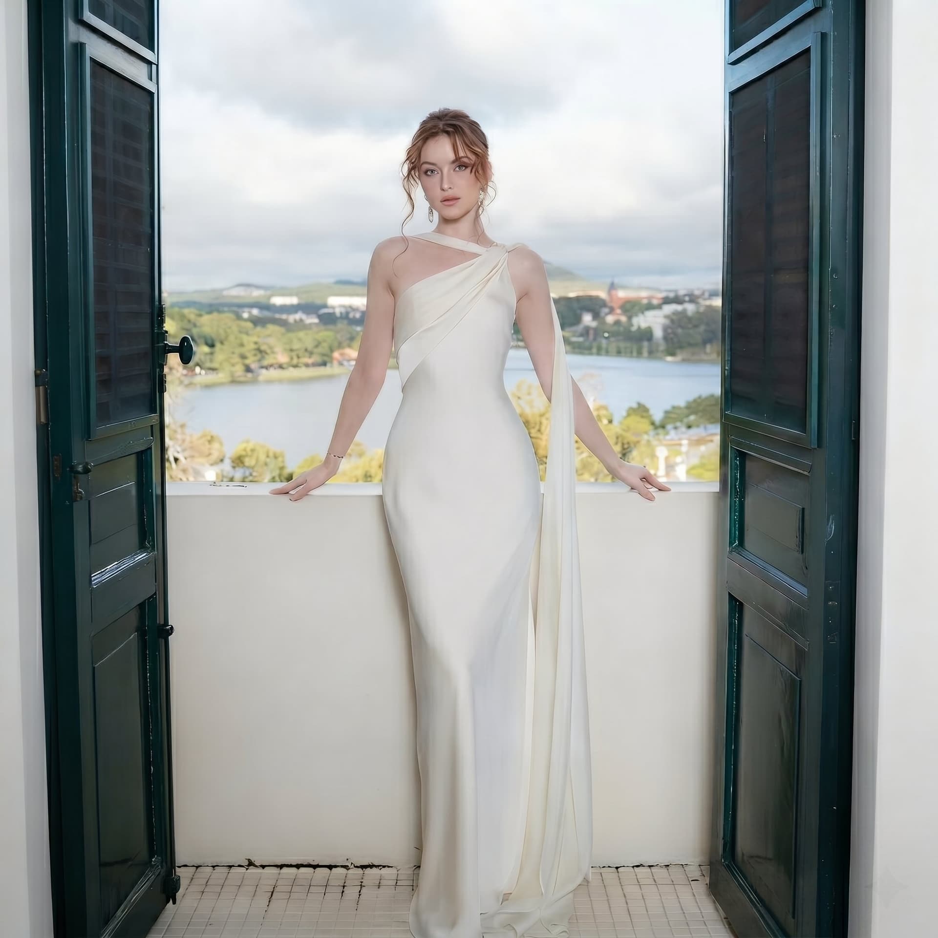 Satin One Shoulder Draped Maxi Dress – Asymmetric Cape Sleeve Evening Gown S-XL