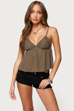 Raia Beaded Babydoll Top with Adjustable Straps in Polyester
