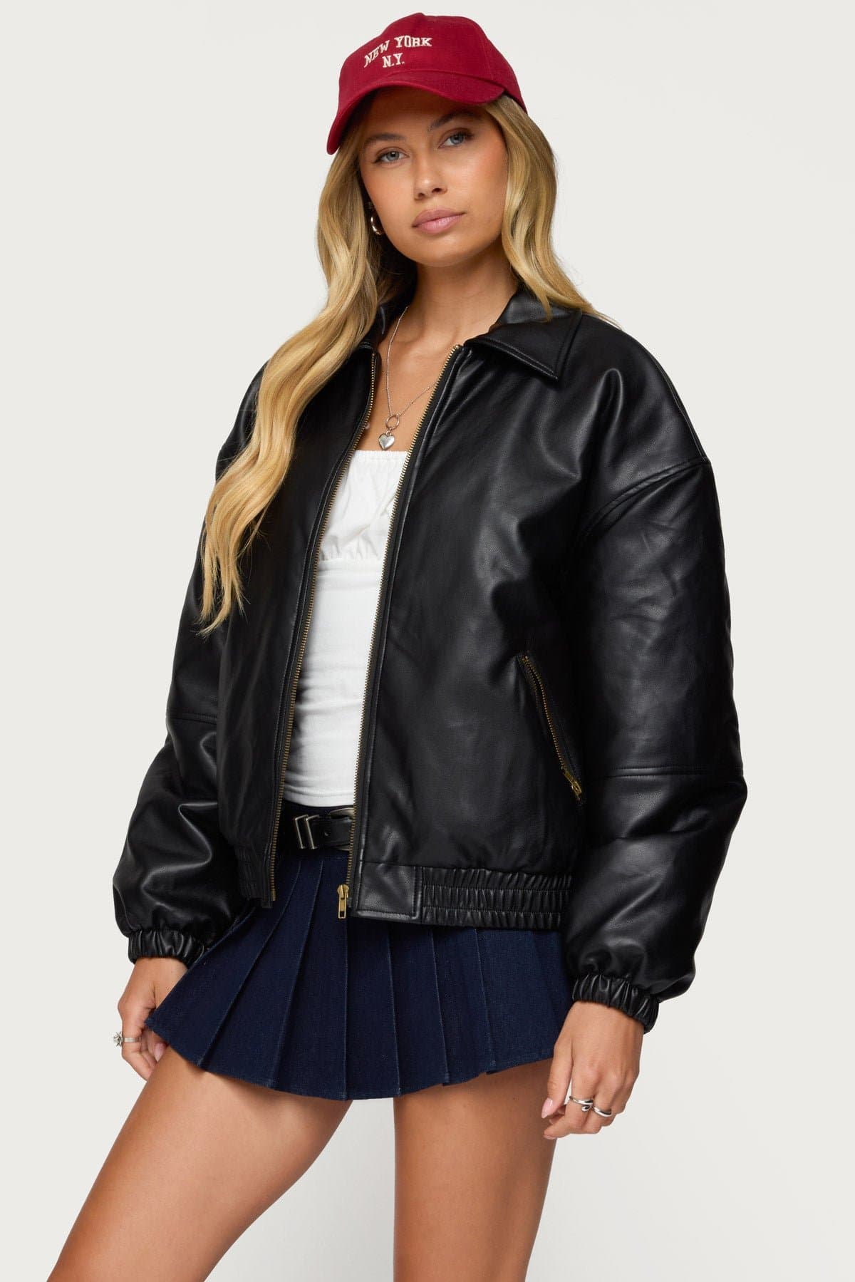 Halley Faux Leather Bomber Jacket - Black Polyurethane Classic Collar