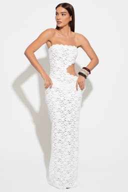 RIVIERA White Lace Stretch Maxi Dress with Bandeau Neckline and Waist Cut Out