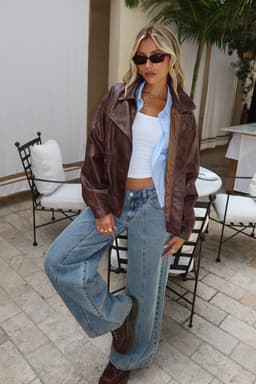 Ardella Oversized Faux Leather Jacket - Polyurethane Polyester Classic Collar Flap Pockets