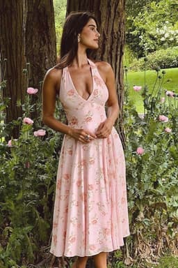 Holiday Pink Flower Print Halter Floral Midi Dress