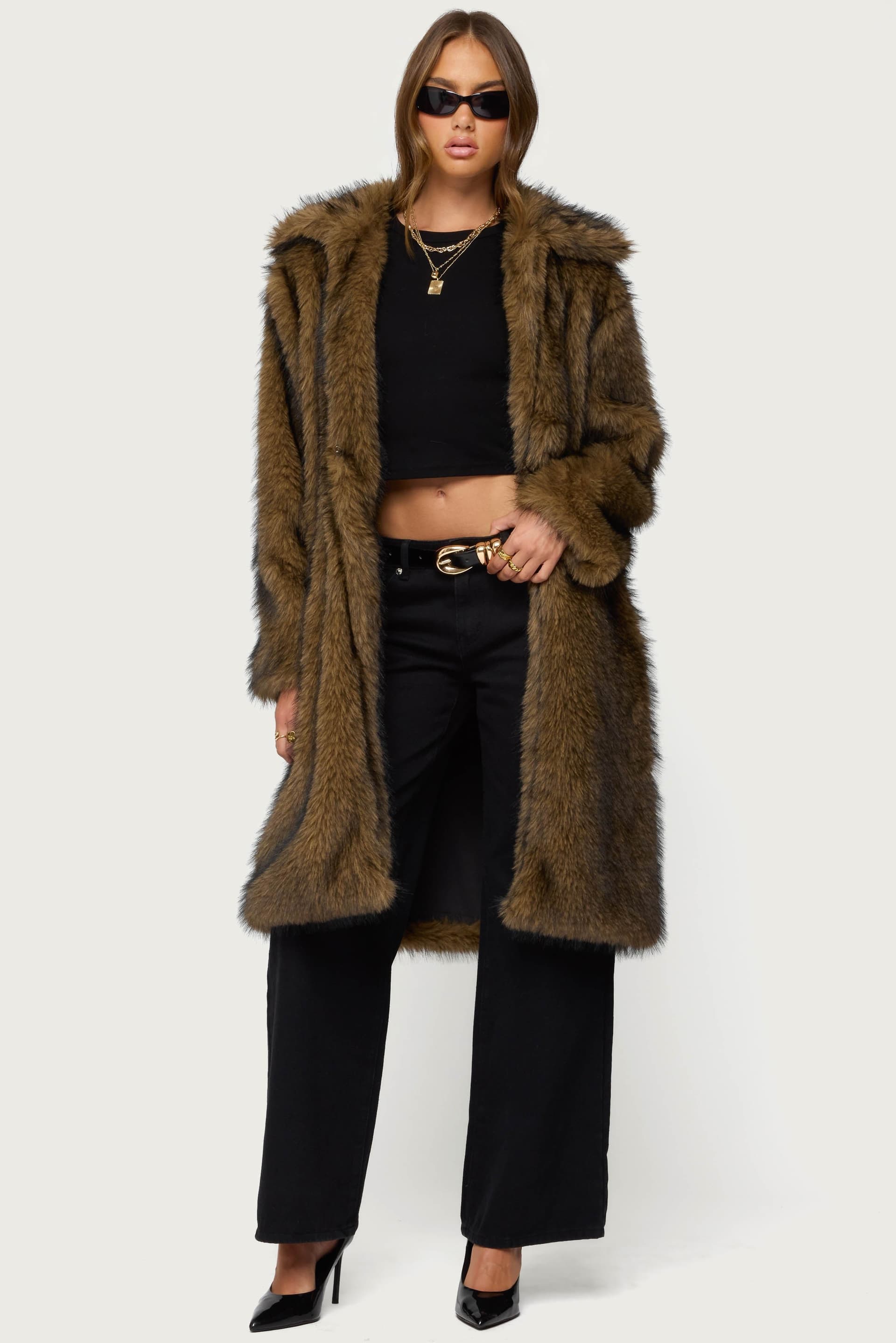 Saphira Oversized Faux Fur Maxi Coat - Longline Polyester Collared Winter Coat