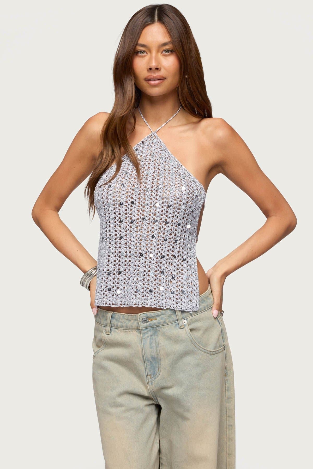 Thaly Backless Sequin Crochet Halter Top - Polyester