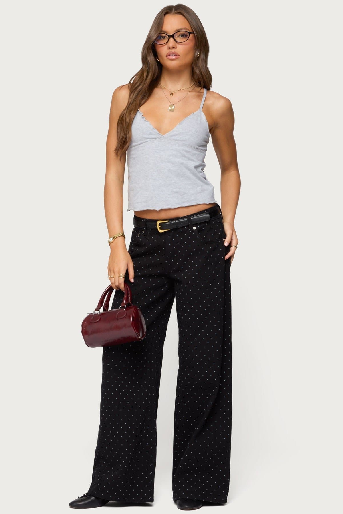 Glendon Babydoll Tank Top with Adjustable Straps, Lettuce Trim, Cotton Spandex