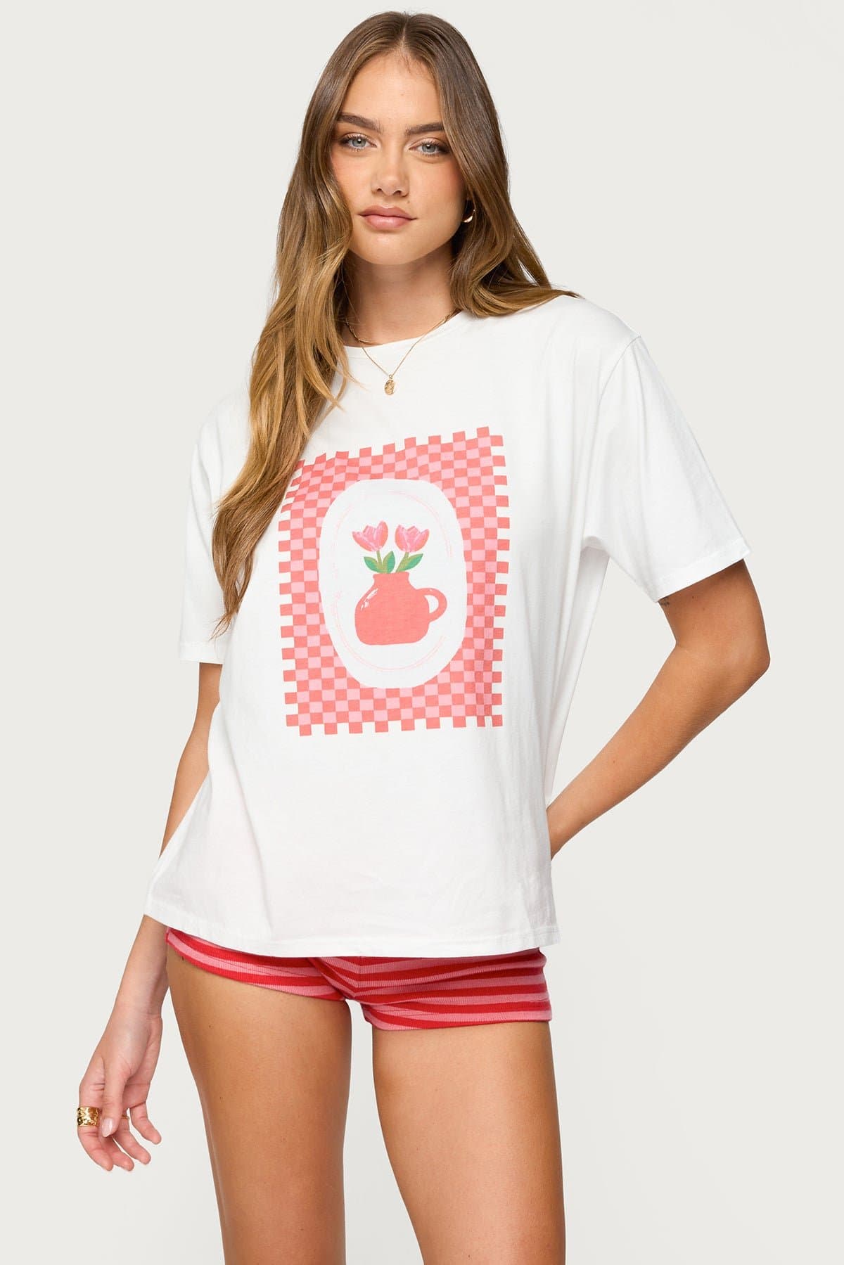 Flower Vase Oversized T-Shirt - Checkered Graphic Print 100% Cotton Unisex